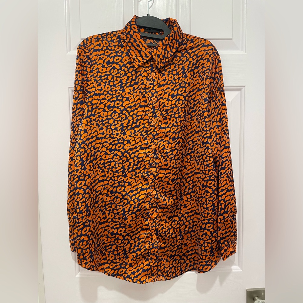 Silky Satin Orange Leopard Print Long Sleeve Button Down
